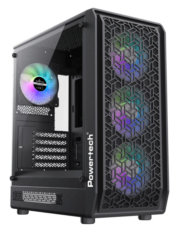 POWERTECH Gaming PC Case PT-1309, tempered glass, 4x ARGB fan, ATX, 340x200x436mm, μαύρο